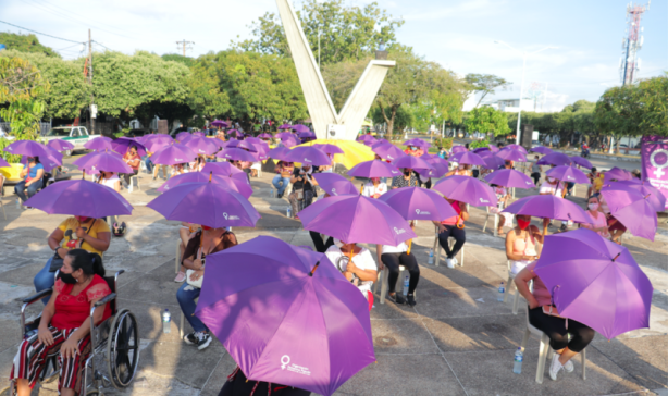 Imatge d'una plantada de la OFP, on es veuen moltes dones amb paraigües violeta oberts
