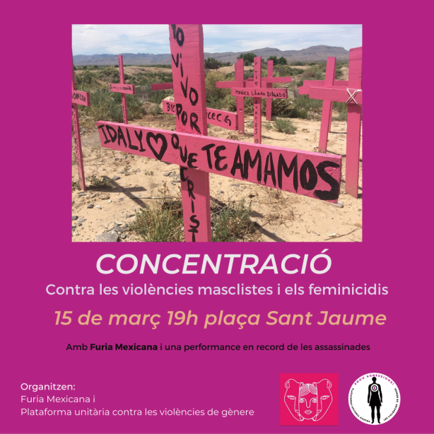 Cartell de la concentració amb una imatge de les creus rosa de Mèxic contra els feminicidis