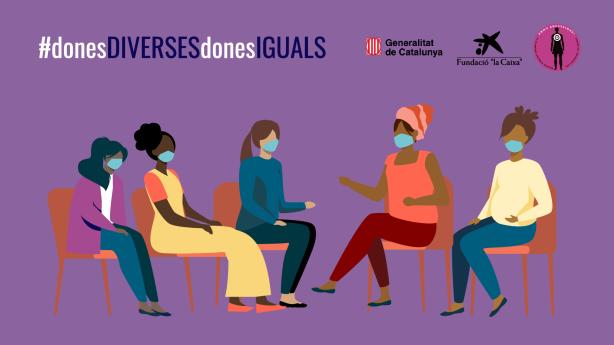 Imatge en la que es veu una il·lustració de dones diverses assegudes en semicercle conversant